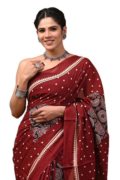 Crafts Moda Hand Block Ajrakh Print Cotton Saree For Women With Blouse